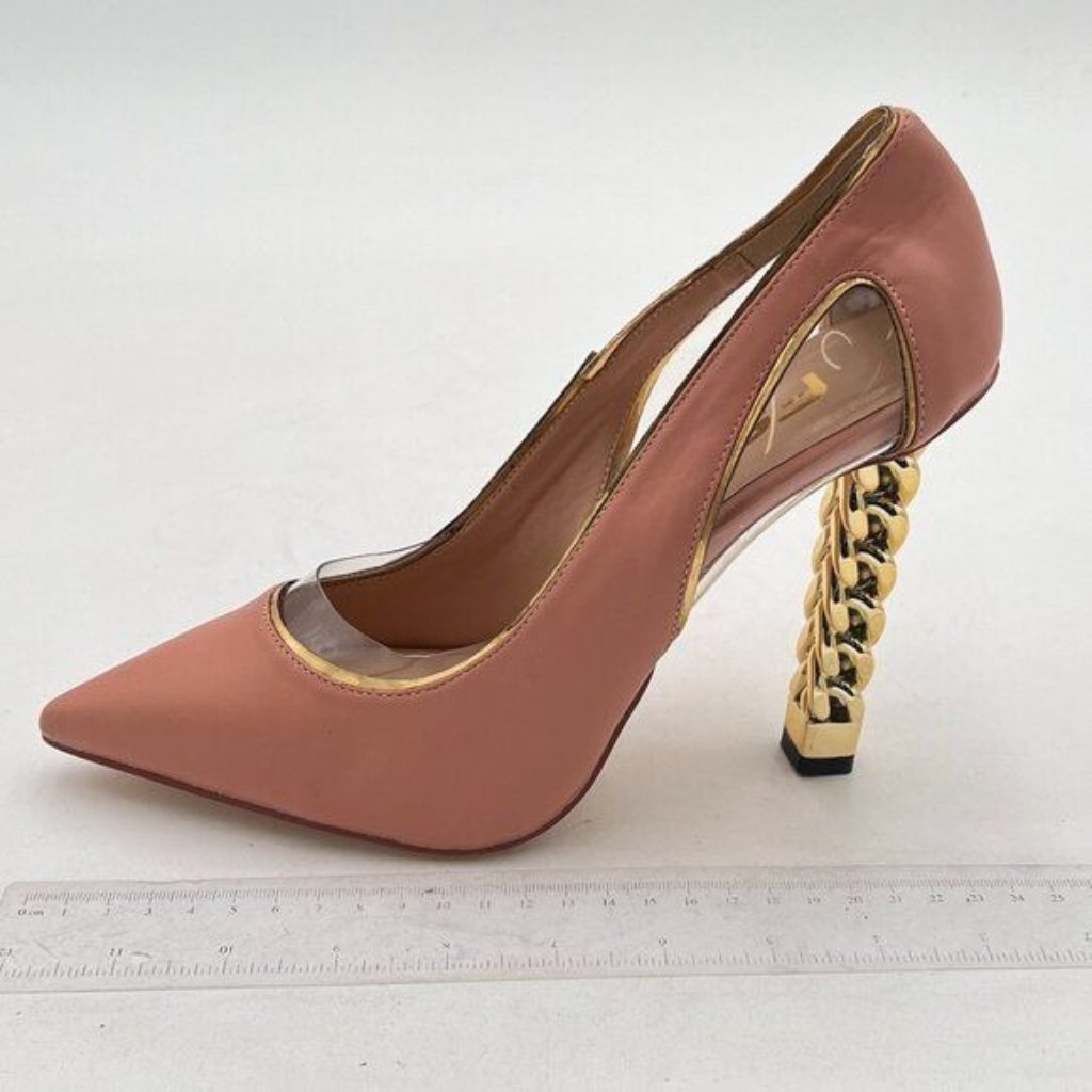 Fsj Pink Women Gold Metal Chain Chunky High Heel Pointed Toe Slip On Fashion